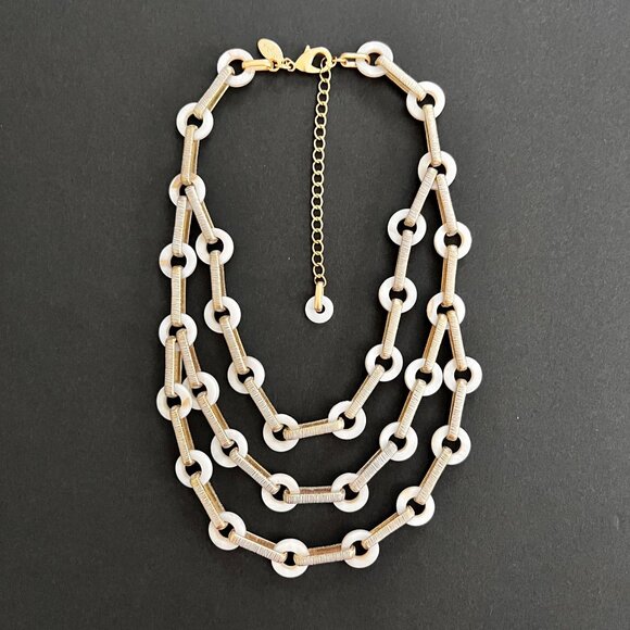 Chico's Mother of Pearl Multi-strand Gold Textured Link Statement Necklace - Picture 11 of 12